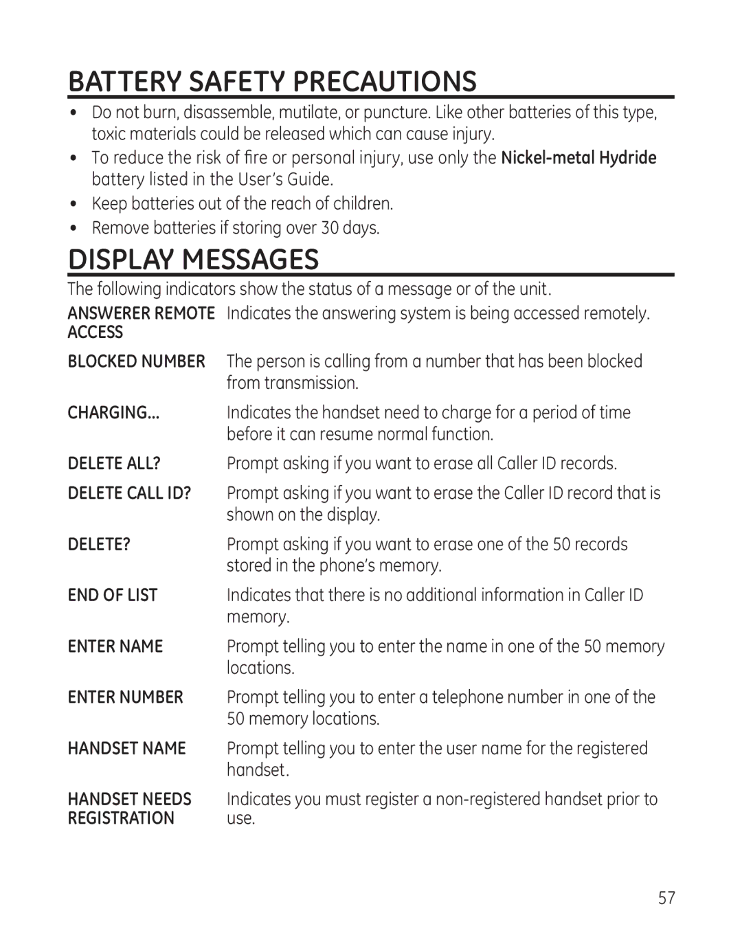 GE 28128 manual Battery Safety Precautions, Display Messages 