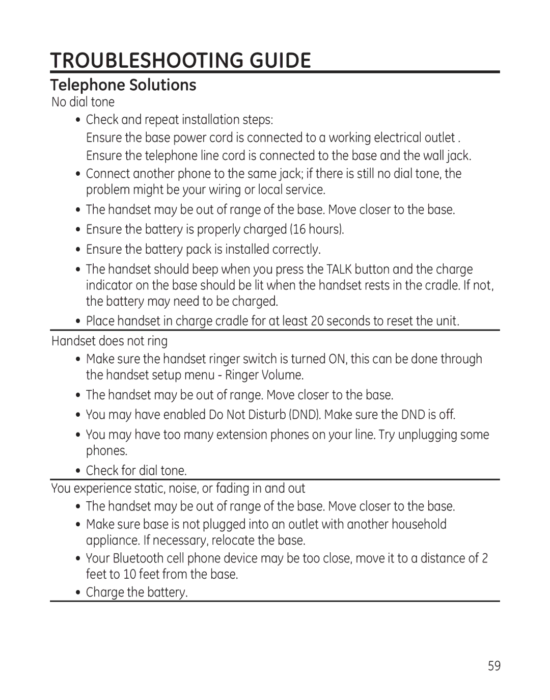 GE 28128 manual Troubleshooting Guide, Telephone Solutions 