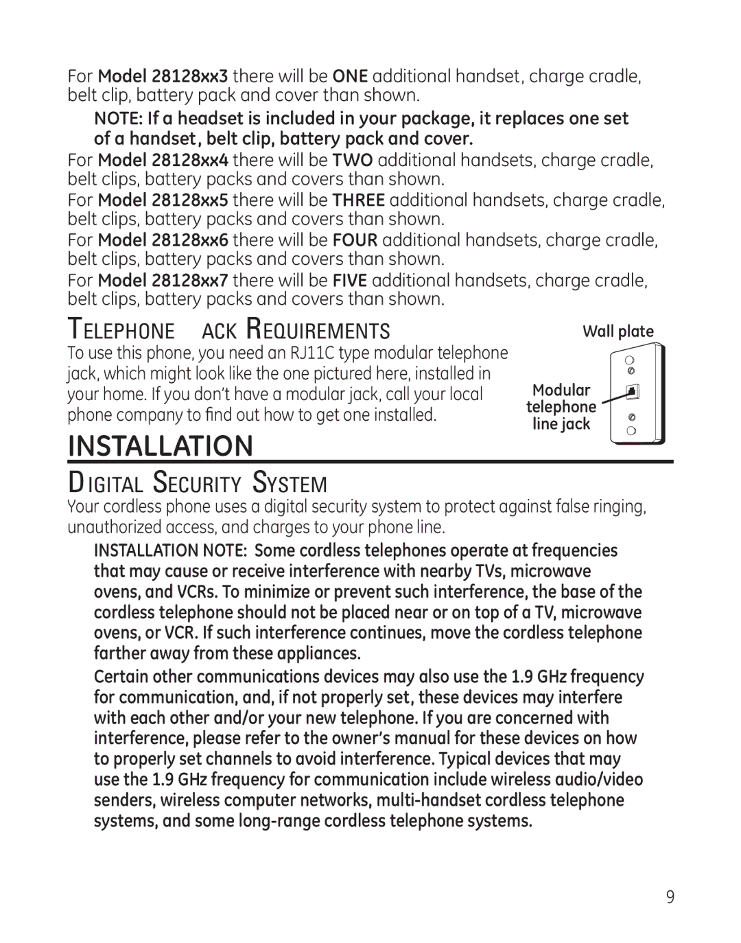 GE 28128 manual Installation, Telephone Jack Requirements, Digital Security System 