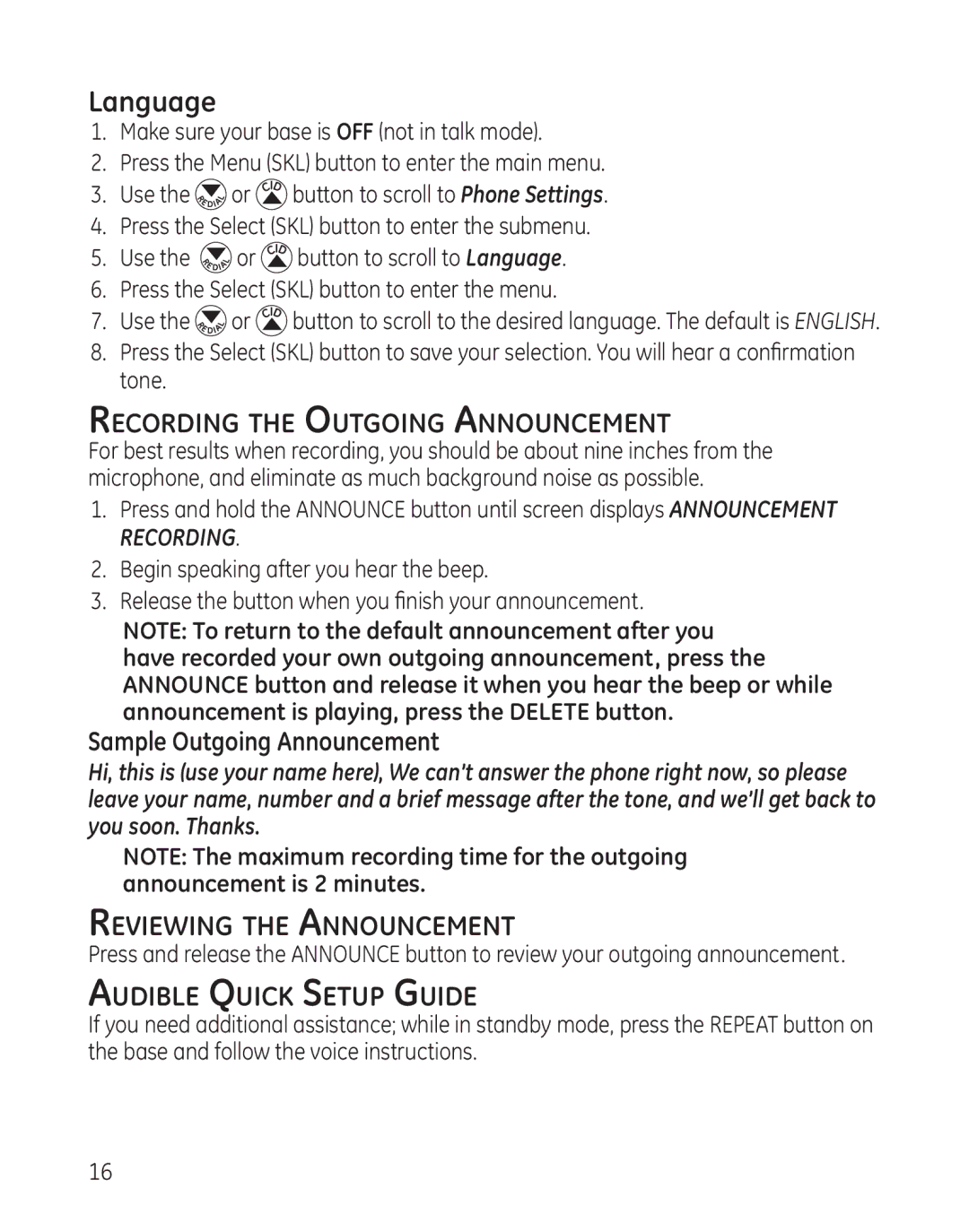 GE 28128xx5 manual Language, Recording the Outgoing Announcement, Sample Outgoing Announcement, Reviewing the Announcement 