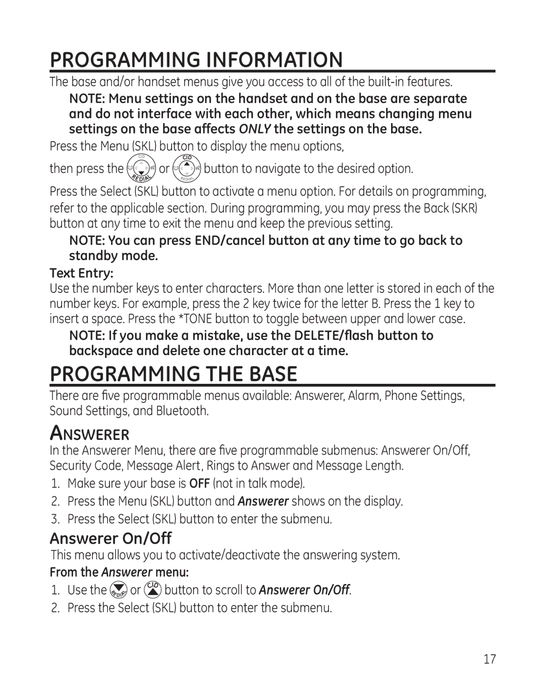 GE 28128xx6, 28128xx7, 28128xx5, 28128xx3, 28128xx4 manual Programming Information, Programming the Base, Answerer On/Off 