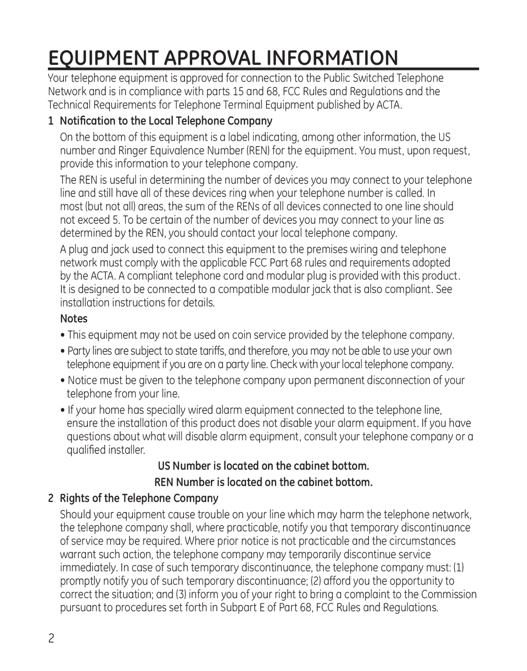 GE 28128xx6, 28128xx7, 28128xx5, 28128xx3 manual Equipment Approval Information, Notification to the Local Telephone Company 