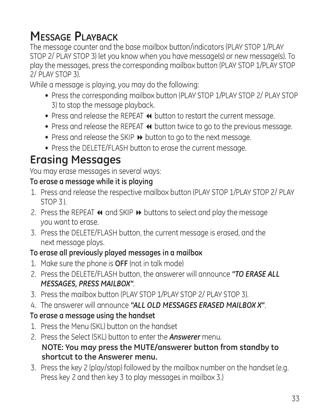 GE 28128xx3 Message Playback, To erase a message while it is playing, To erase all previously played messages in a mailbox 