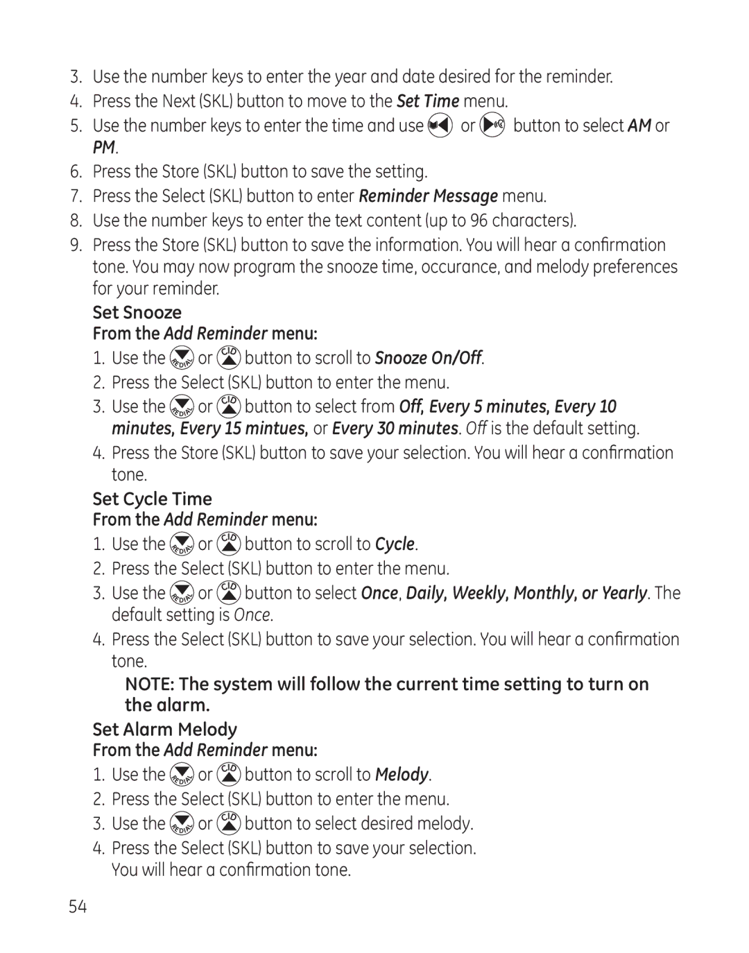 GE 28128xx4, 28128xx7, 28128xx5, 28128xx6 Set Snooze From the Add Reminder menu, Set Cycle Time From the Add Reminder menu 