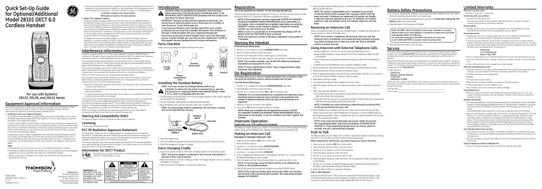 GE 28122 setup guide Interference Information, Introduction, Registration, Naming the Handset, Battery Safety Precautions 