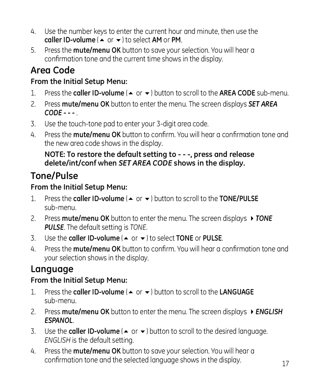 GE 28213 Series manual Area Code, Tone/Pulse, Language 