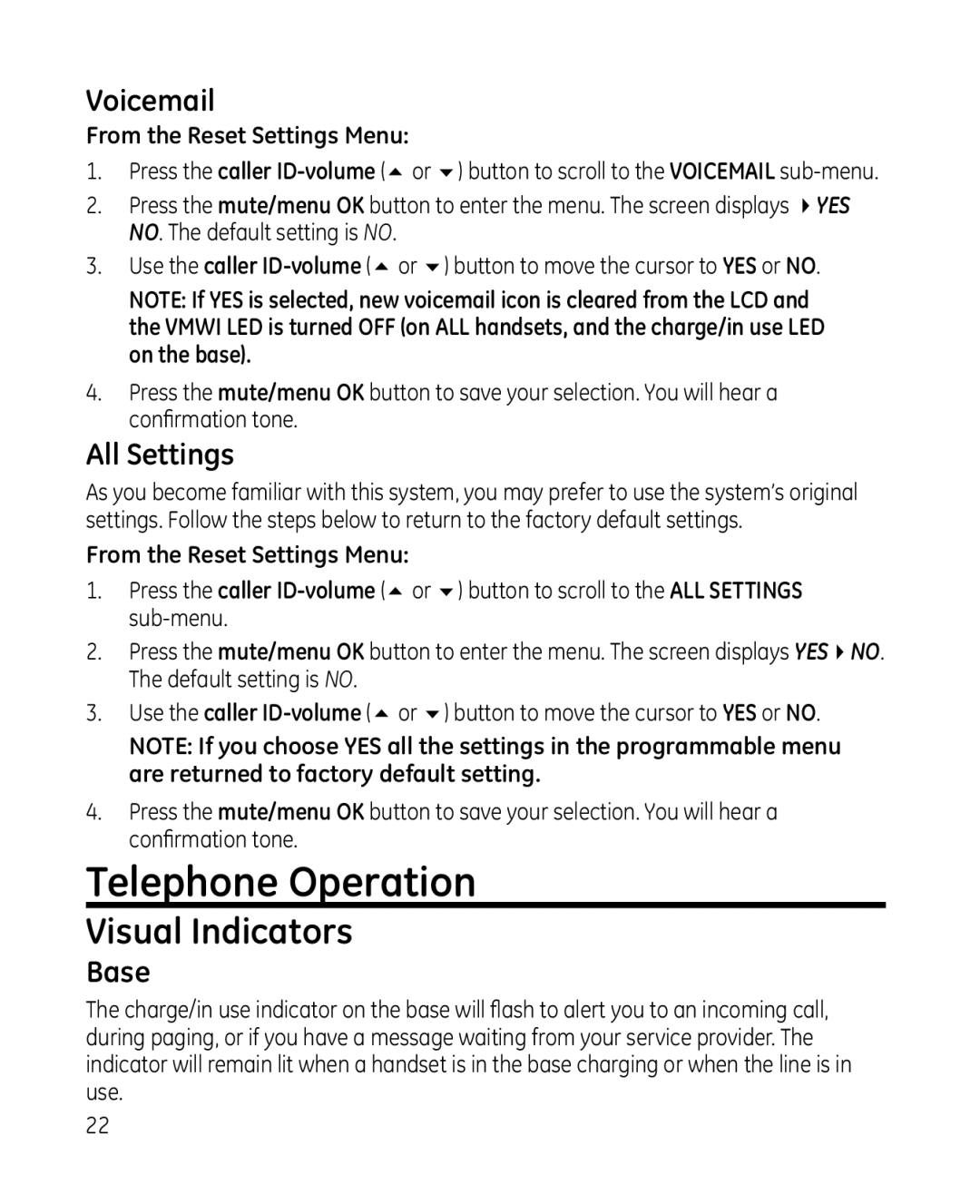 GE 28213 Series manual Telephone Operation, Visual Indicators, Voicemail, All Settings, Base 