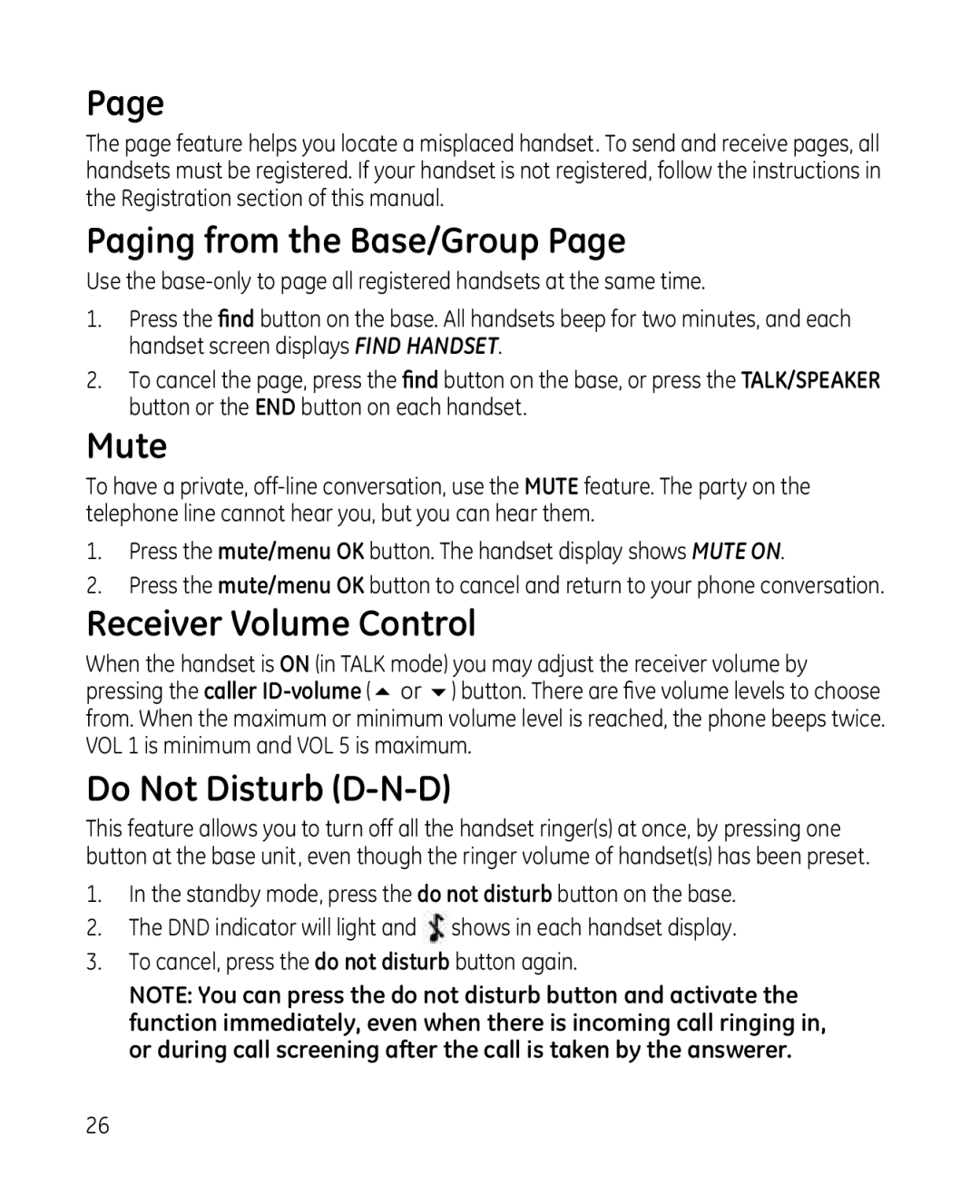 GE 28213 Series manual Paging from the Base/Group, Mute, Receiver Volume Control, Do Not Disturb D-N-D 