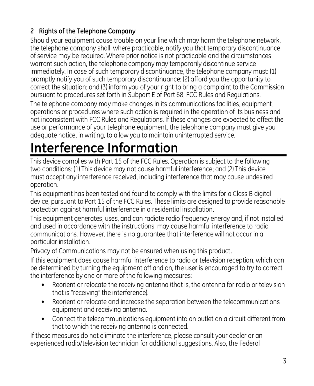 GE 28213 Series manual Interference Information, Rights of the Telephone Company 