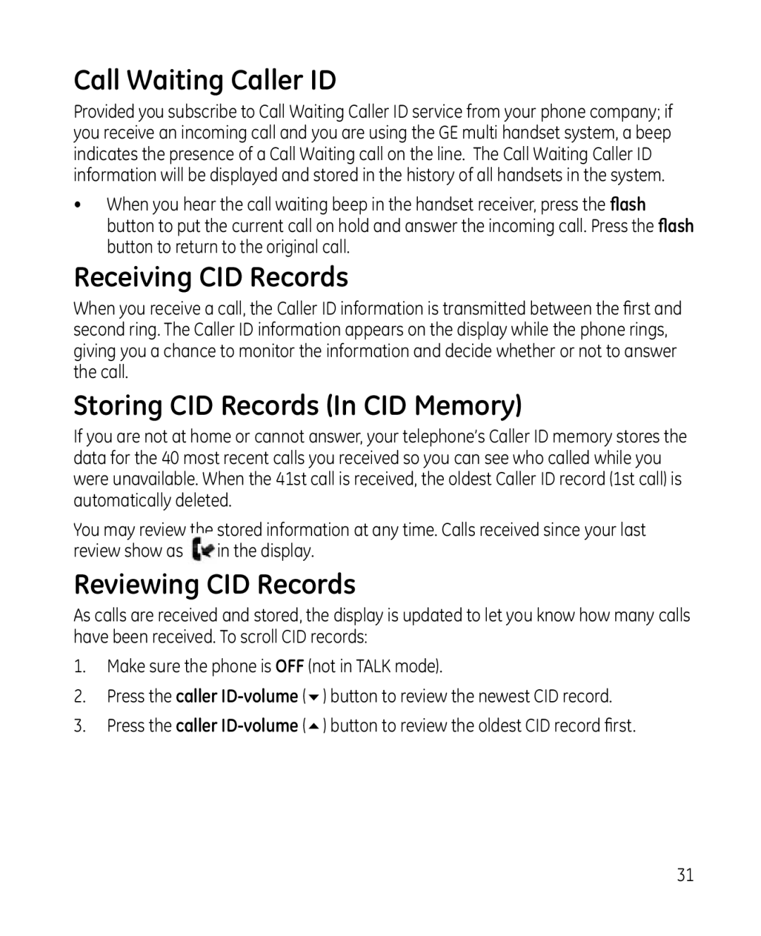 GE 28213 Series Call Waiting Caller ID, Receiving CID Records, Storing CID Records In CID Memory, Reviewing CID Records 