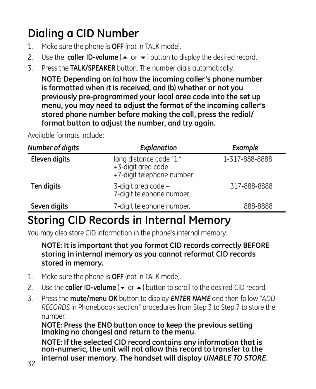 GE 28213 Series Dialing a CID Number, Storing CID Records in Internal Memory, Eleven digits, Ten digits, Seven digits 