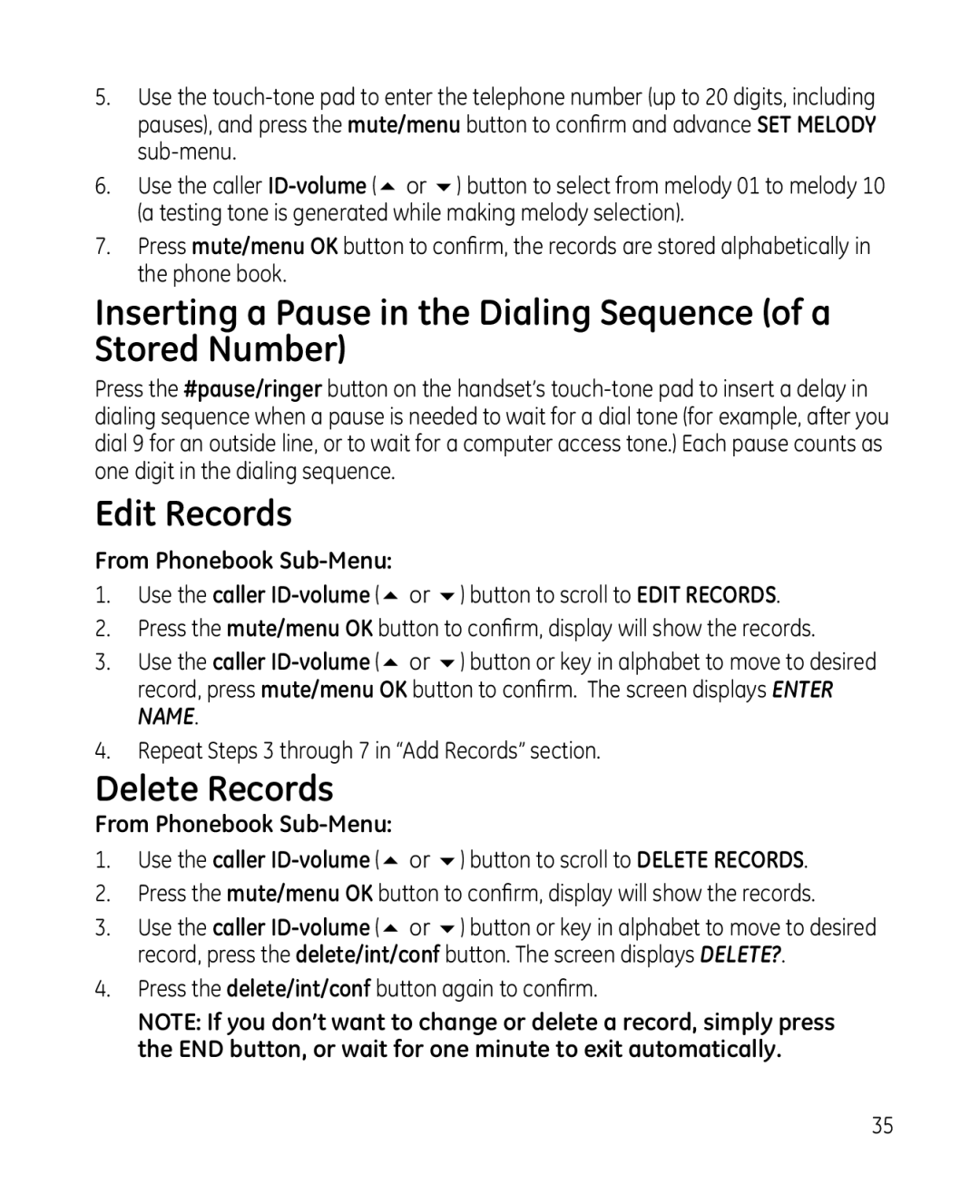 GE 28213 Series manual Edit Records, Delete Records 