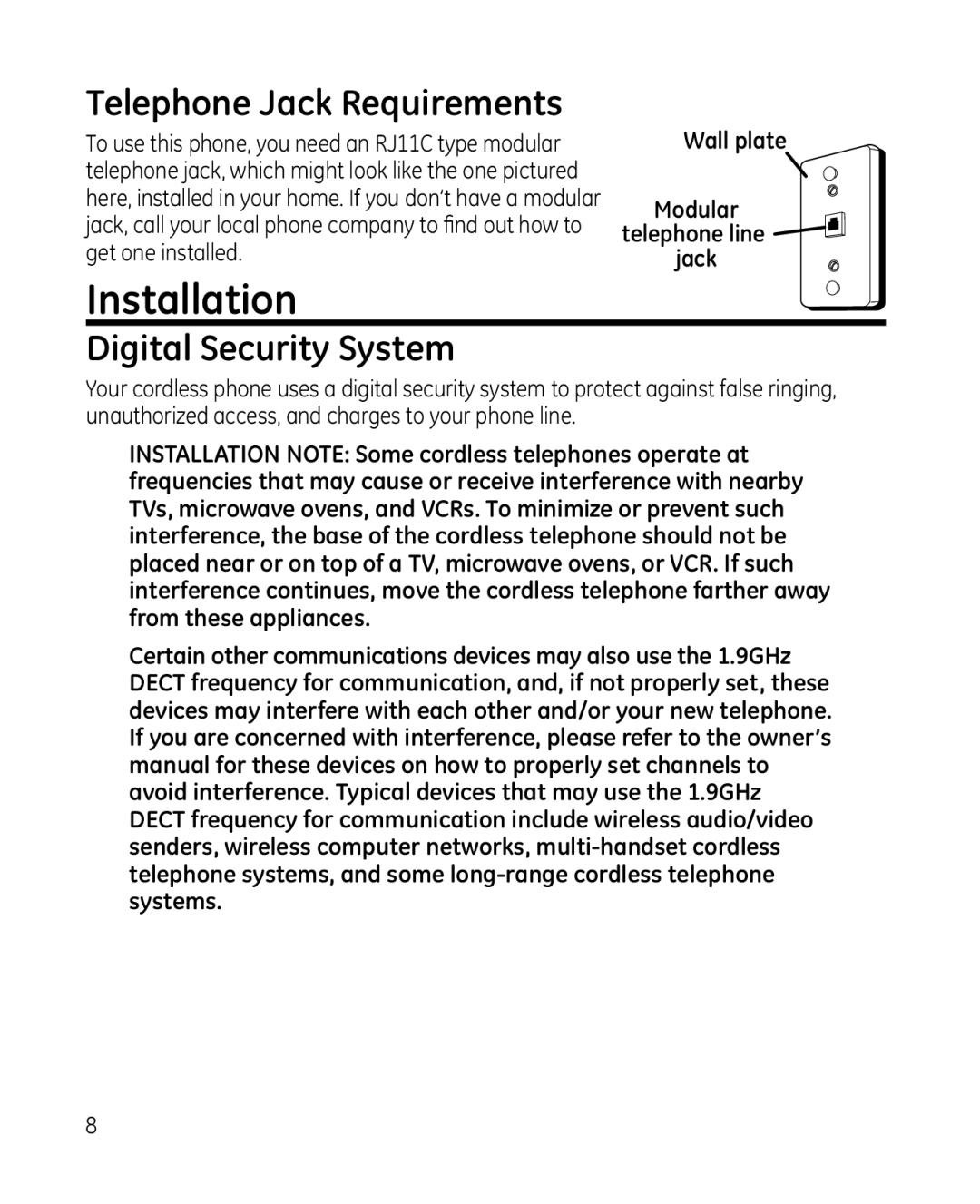 GE 28213 Series manual Installation, Telephone Jack Requirements, Digital Security System, Wall plate 