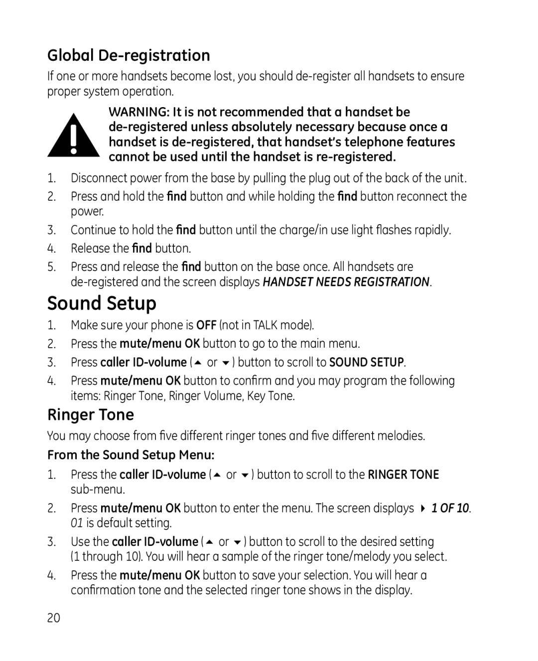 GE 28213 manual Global De-registration, Ringer Tone, From the Sound Setup Menu 