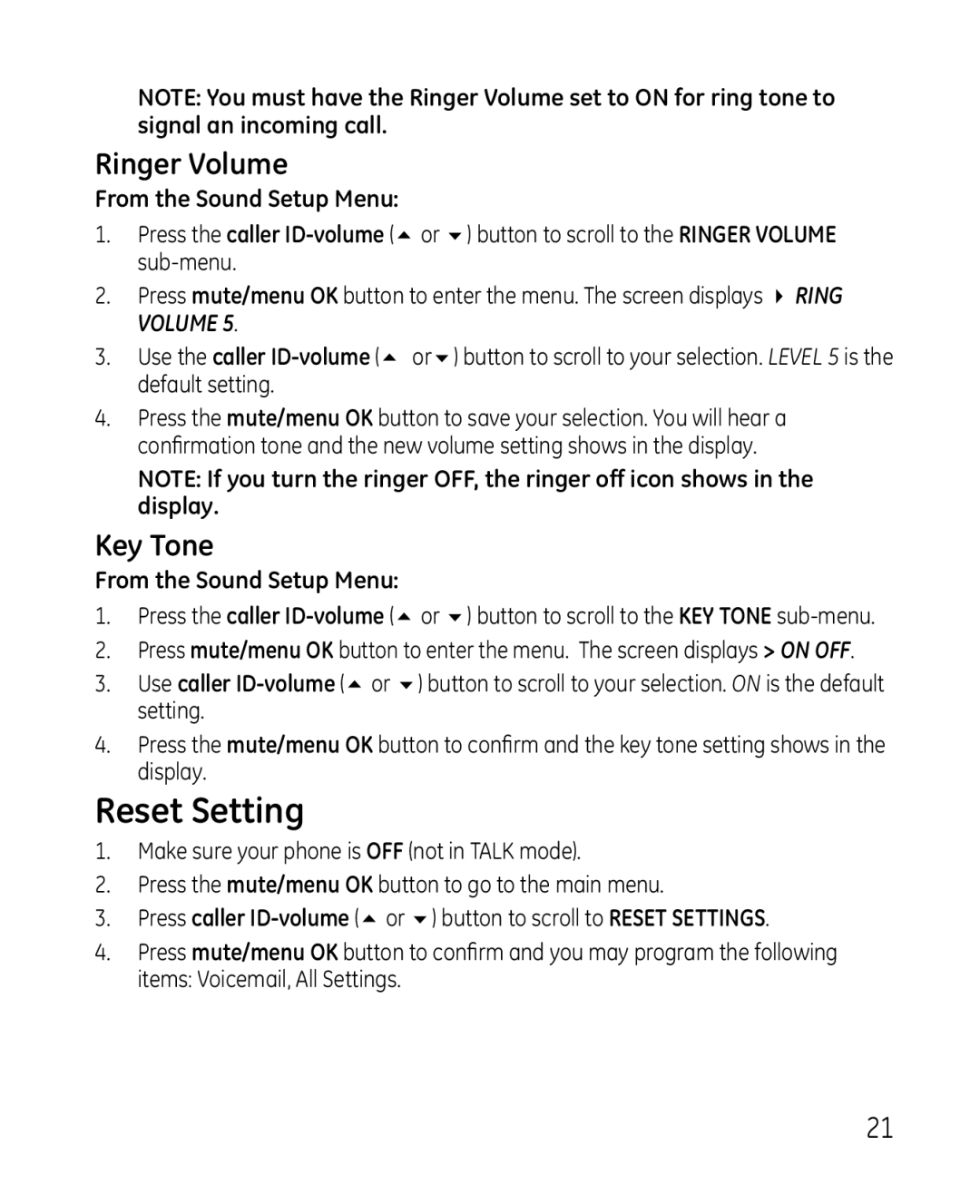 GE 28213 manual Reset Setting, Ringer Volume, Key Tone 