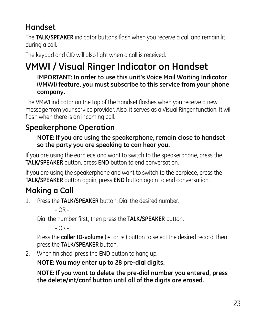 GE 28213 manual Vmwi / Visual Ringer Indicator on Handset, Speakerphone Operation, Making a Call 