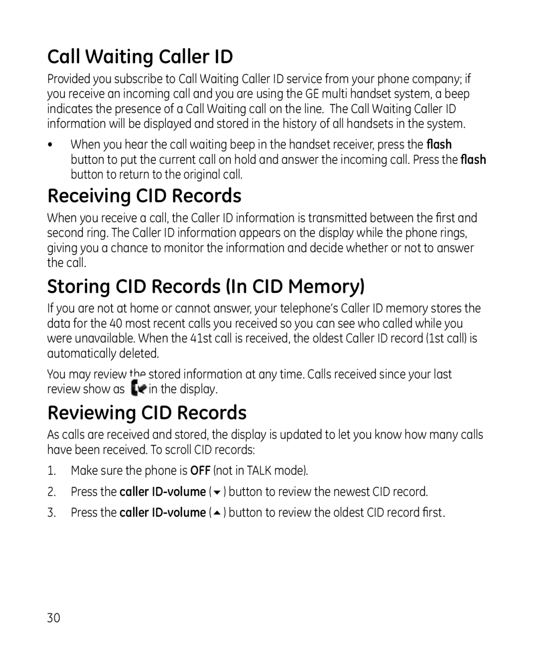 GE 28213 manual Call Waiting Caller ID, Receiving CID Records, Storing CID Records In CID Memory, Reviewing CID Records 