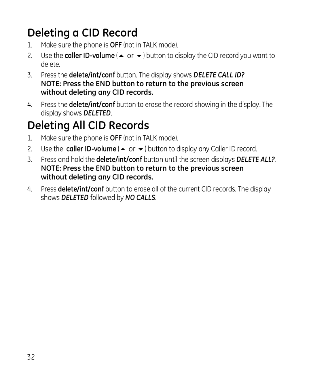 GE 28213 manual Deleting a CID Record, Deleting All CID Records 