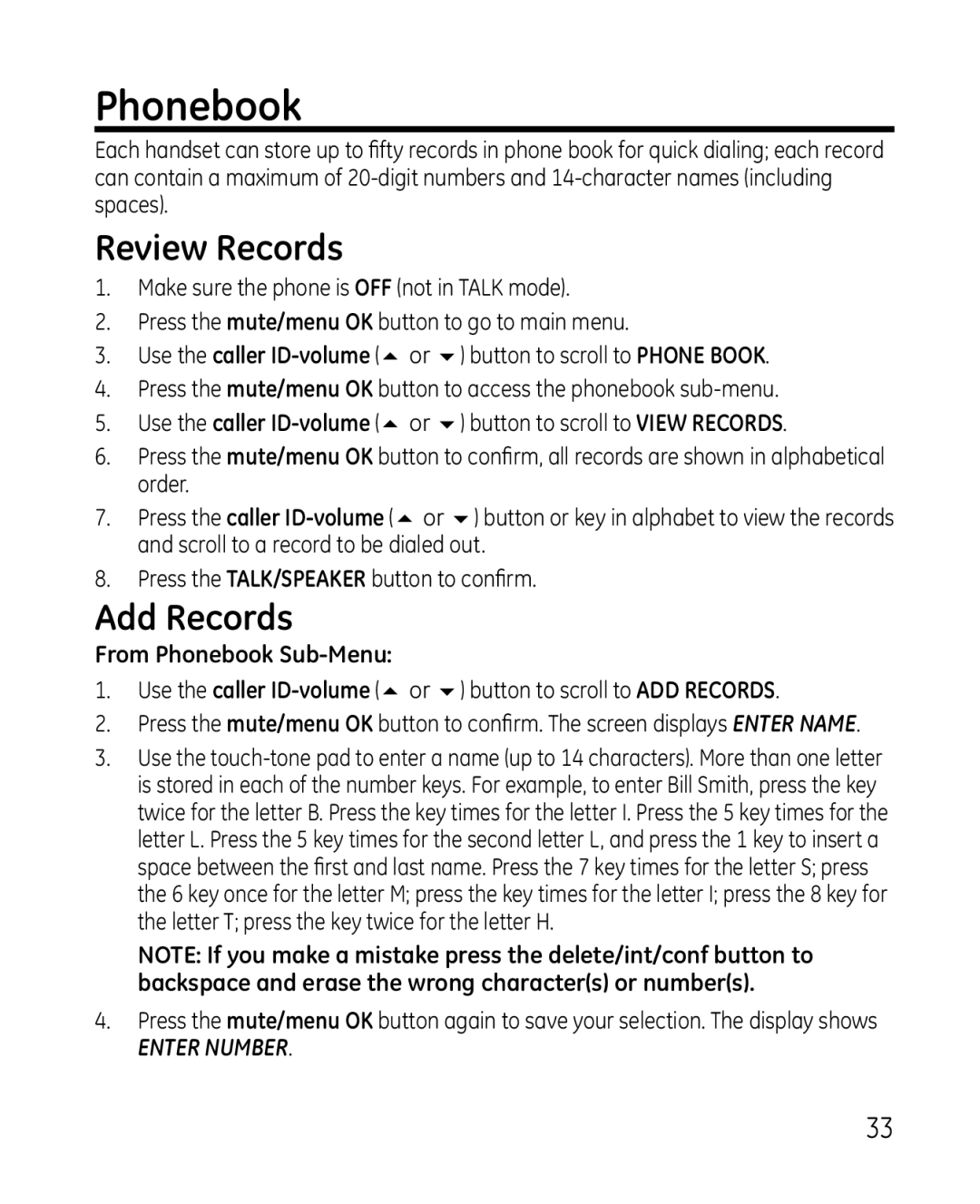 GE 28213 manual Review Records, Add Records, From Phonebook Sub-Menu 