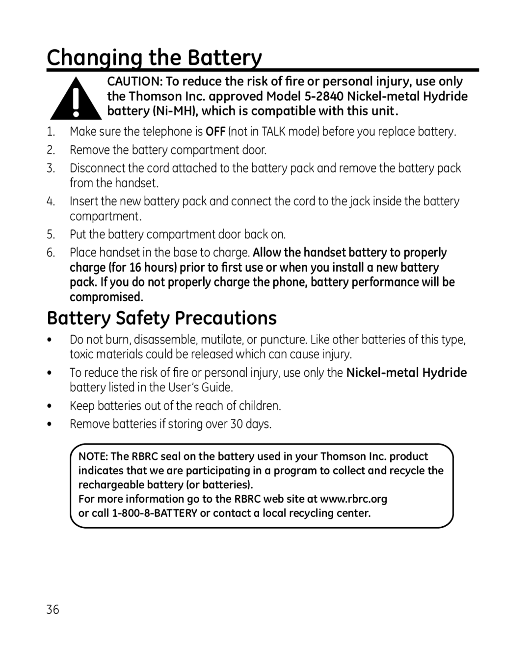 GE 28213 manual Changing the Battery, Battery Safety Precautions 