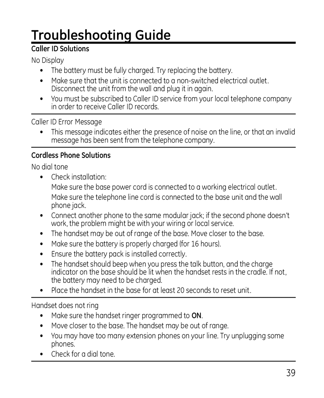 GE 28213 manual Troubleshooting Guide, Caller ID Solutions, Cordless Phone Solutions 