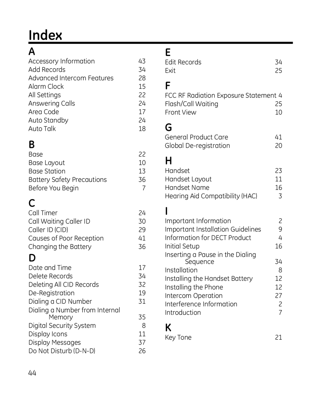 GE 28213 manual Index 