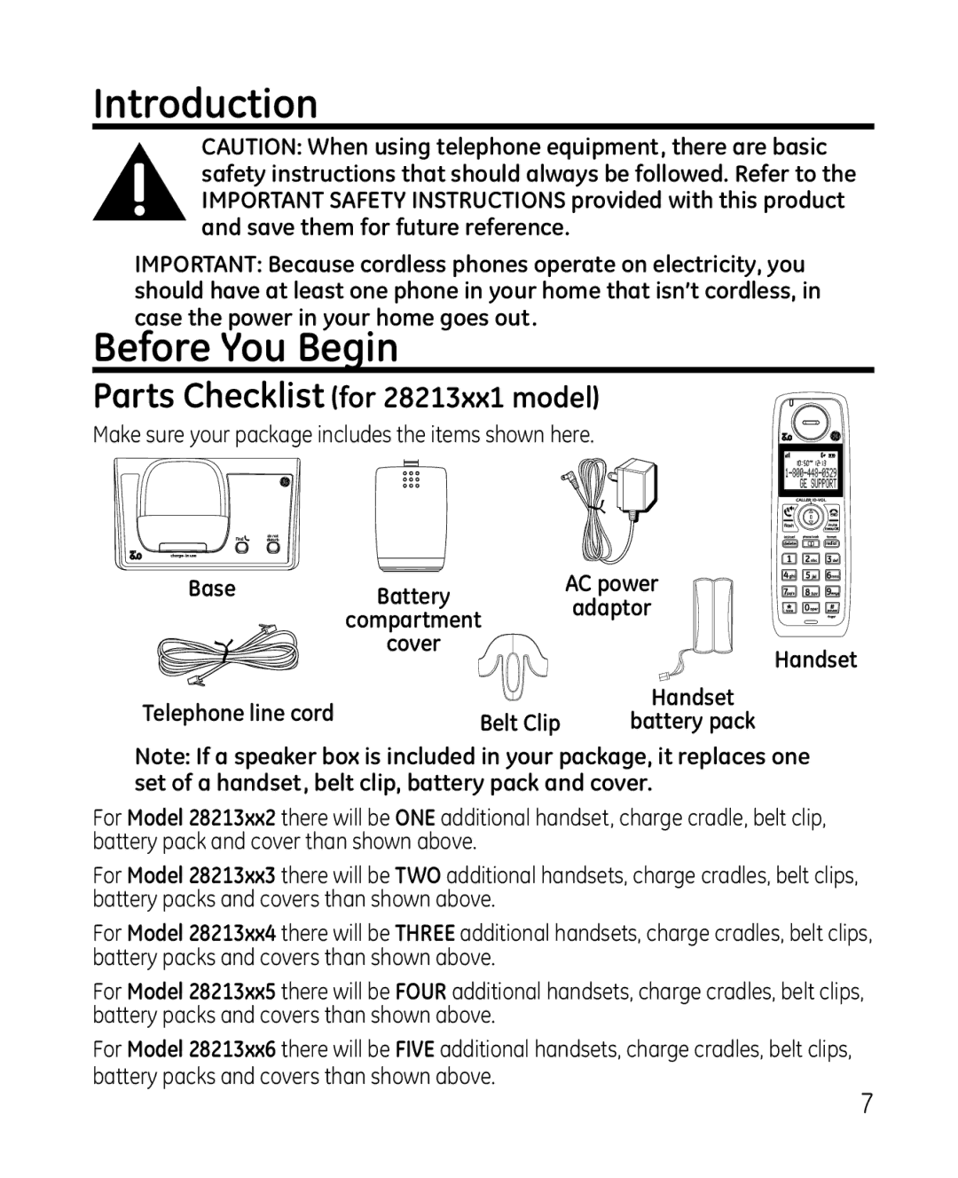 GE manual Introduction, Before You Begin, Parts Checklist for 28213xx1 model, Base 