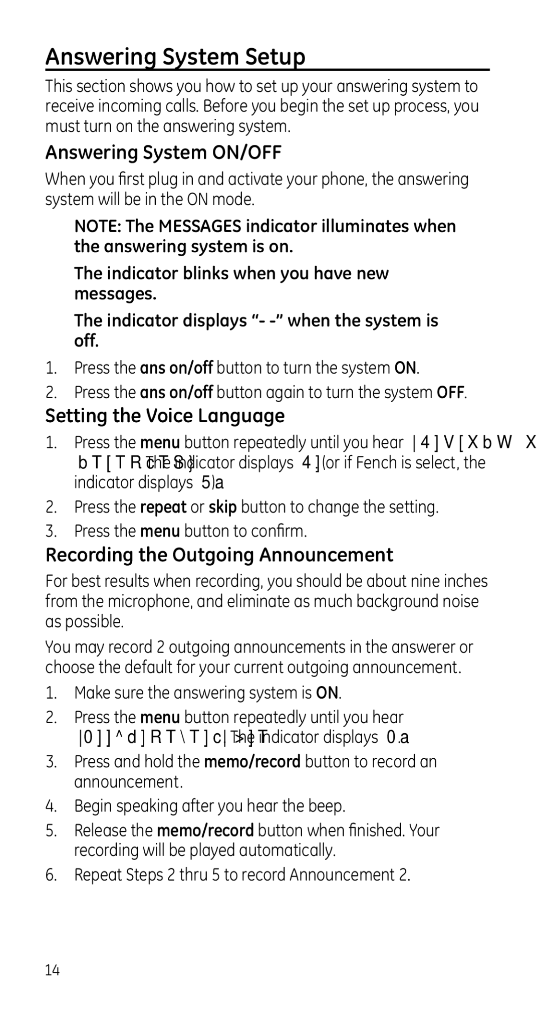 GE 28225 Answering System Setup, Answering System ON/OFF, Setting the Voice Language, Recording the Outgoing Announcement 