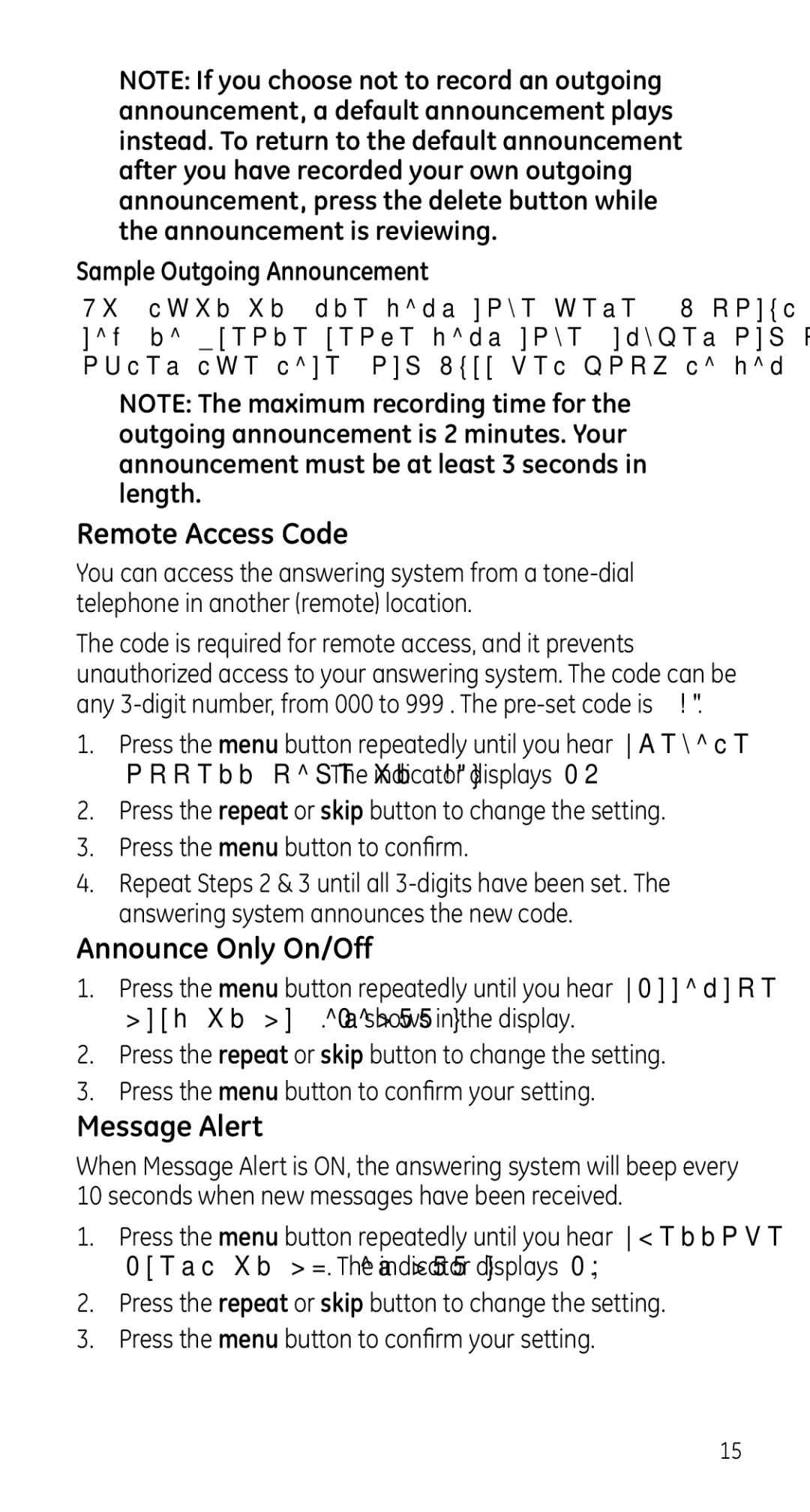 GE 28225 manual Remote Access Code, Announce Only On/Off, Message Alert, Sample Outgoing Announcement 