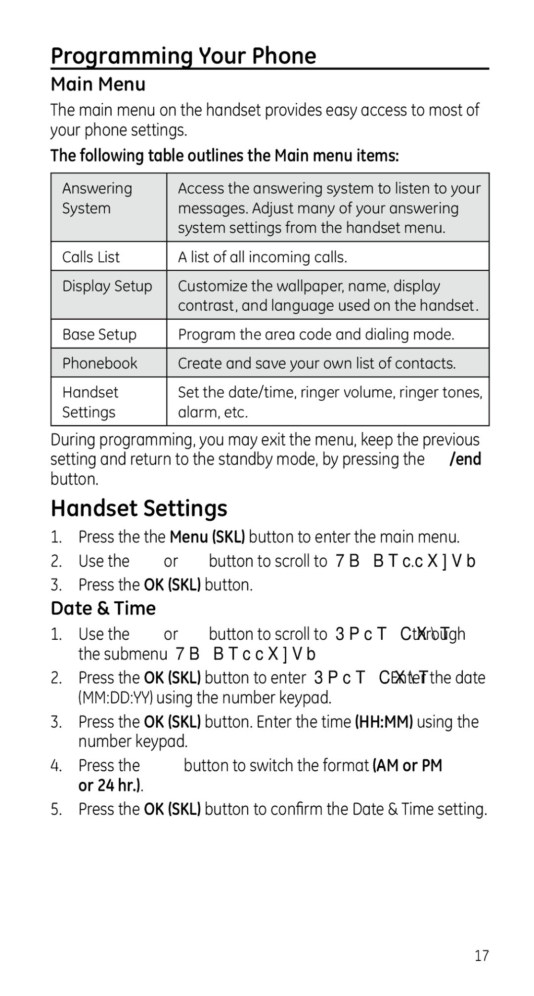 GE 28225 manual Programming Your Phone, Handset Settings, Main Menu, Date & Time 