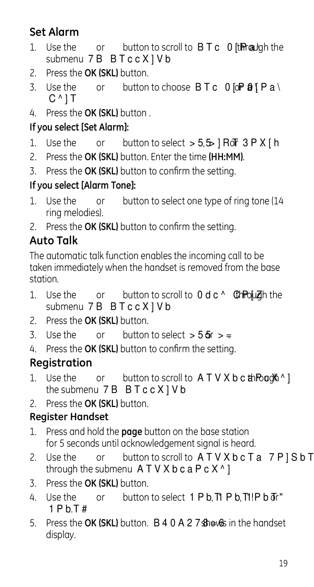 GE 28225 manual Set Alarm, Auto Talk, Registration 