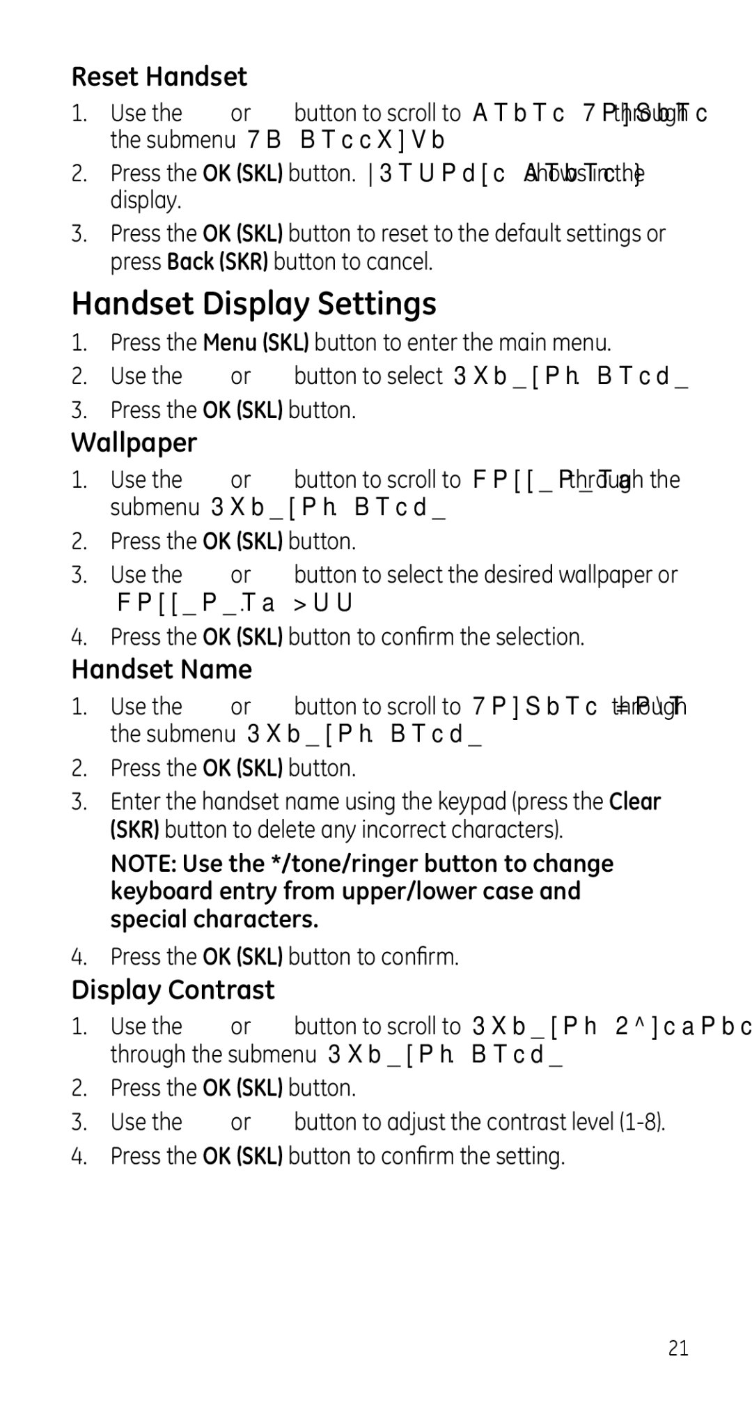 GE 28225 manual Handset Display Settings, Reset Handset, Wallpaper, Handset Name, Display Contrast 