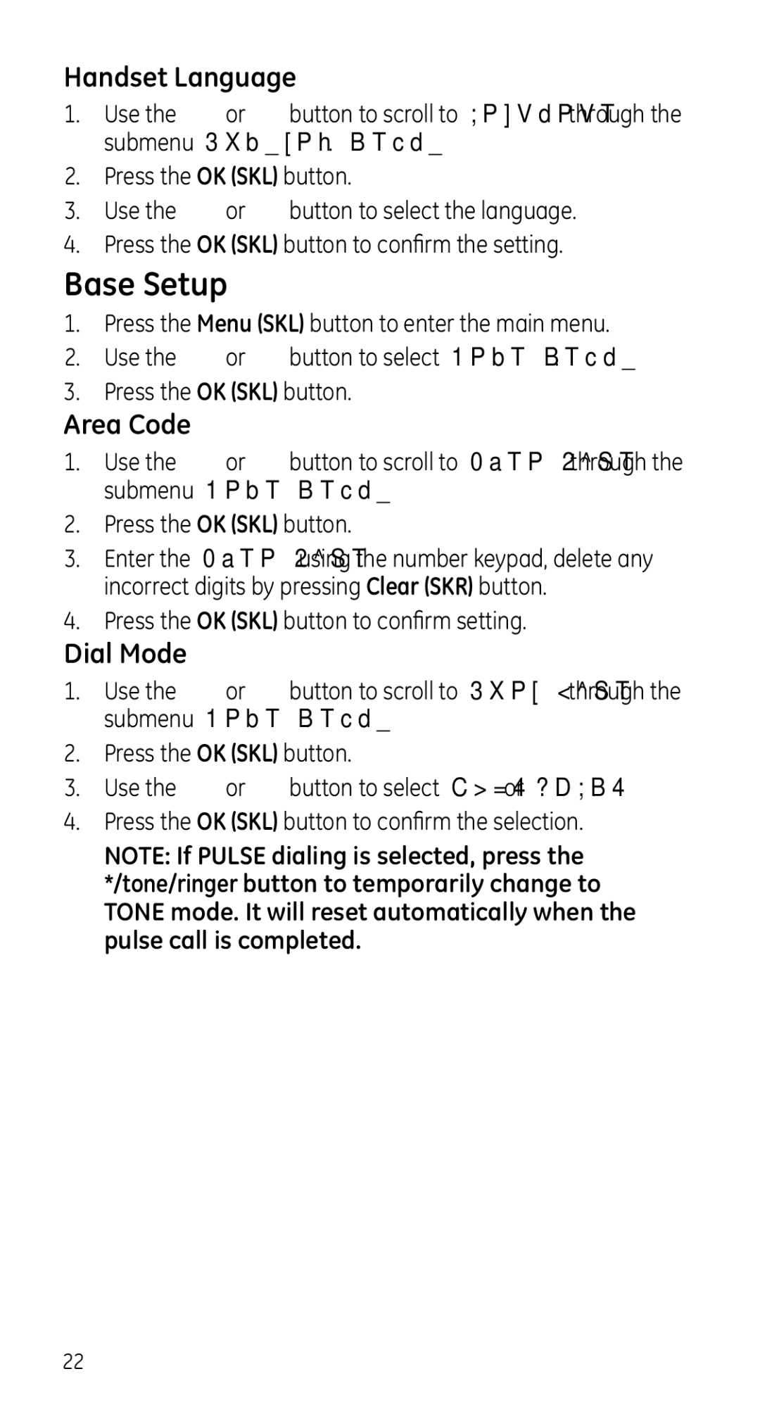 GE 28225 manual Base Setup, Handset Language, Area Code, Dial Mode 