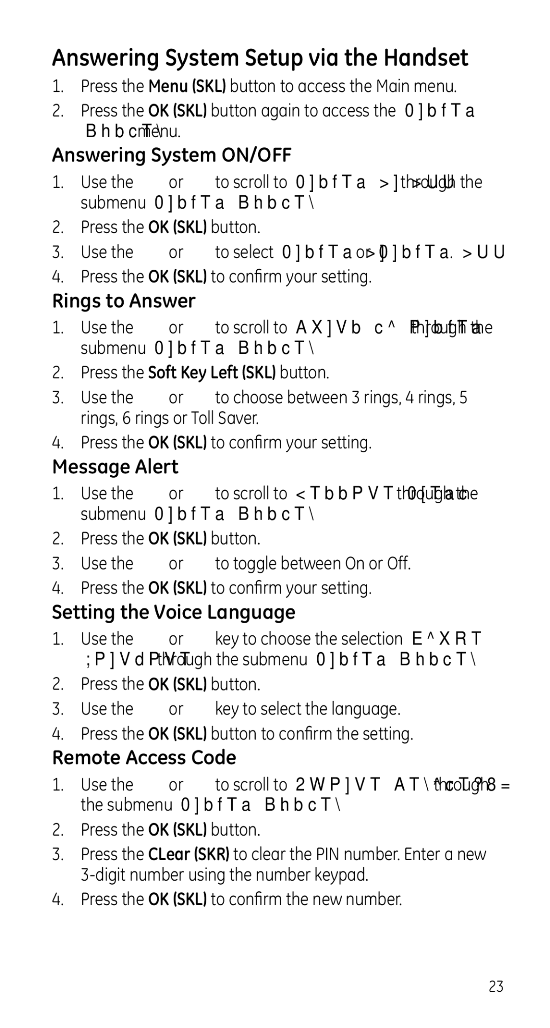 GE 28225 manual Answering System Setup via the Handset, Press the Soft Key Left SKL button 