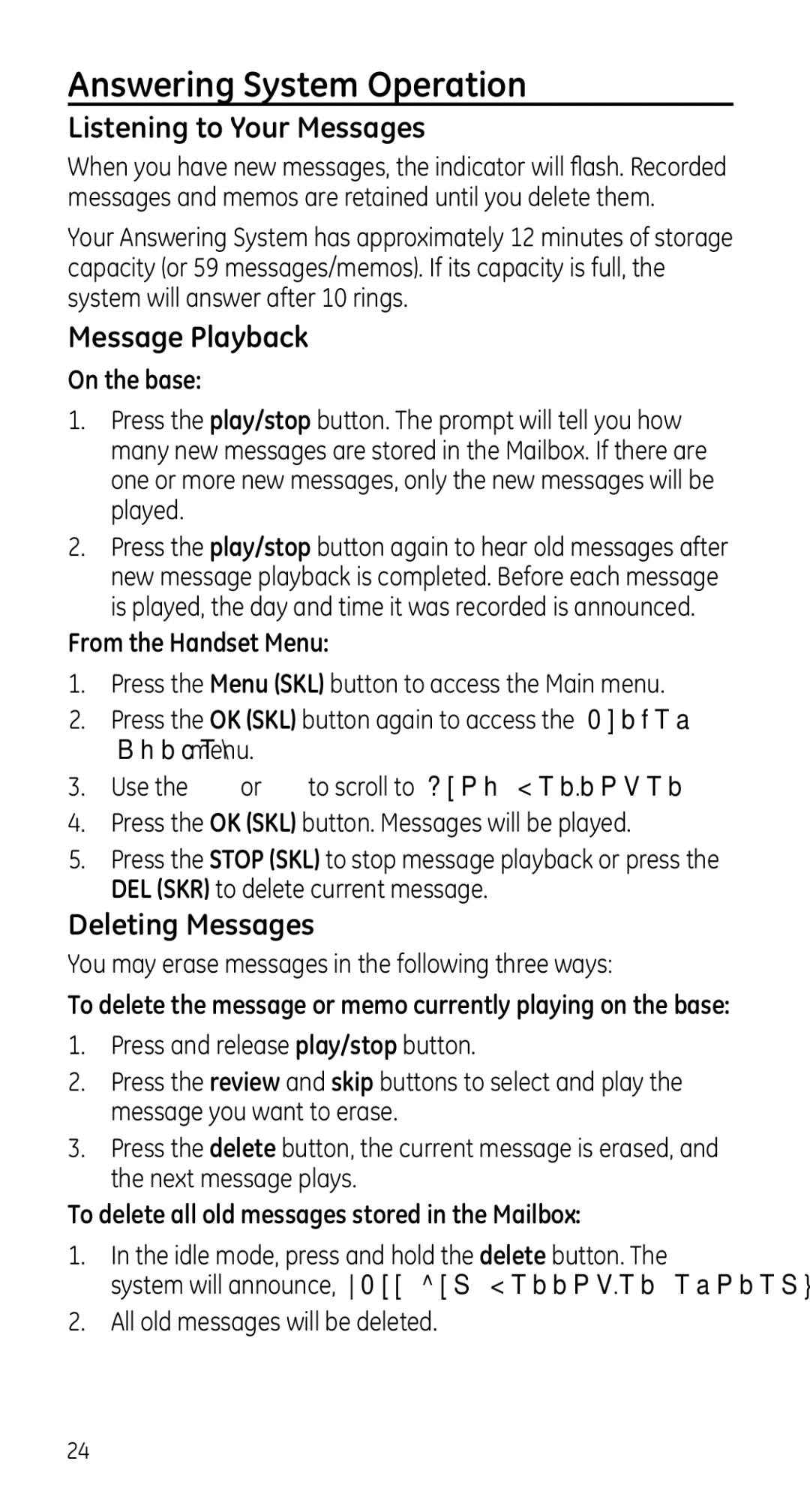 GE 28225 manual Answering System Operation, Listening to Your Messages, Message Playback, Deleting Messages 
