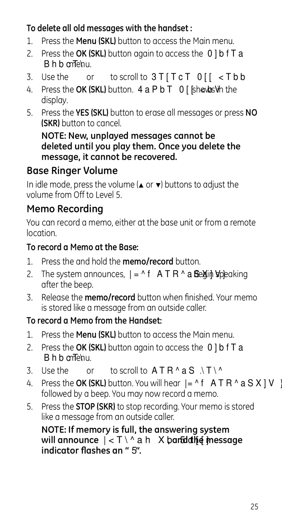 GE 28225 Base Ringer Volume, Memo Recording, To delete all old messages with the handset, To record a Memo at the Base 