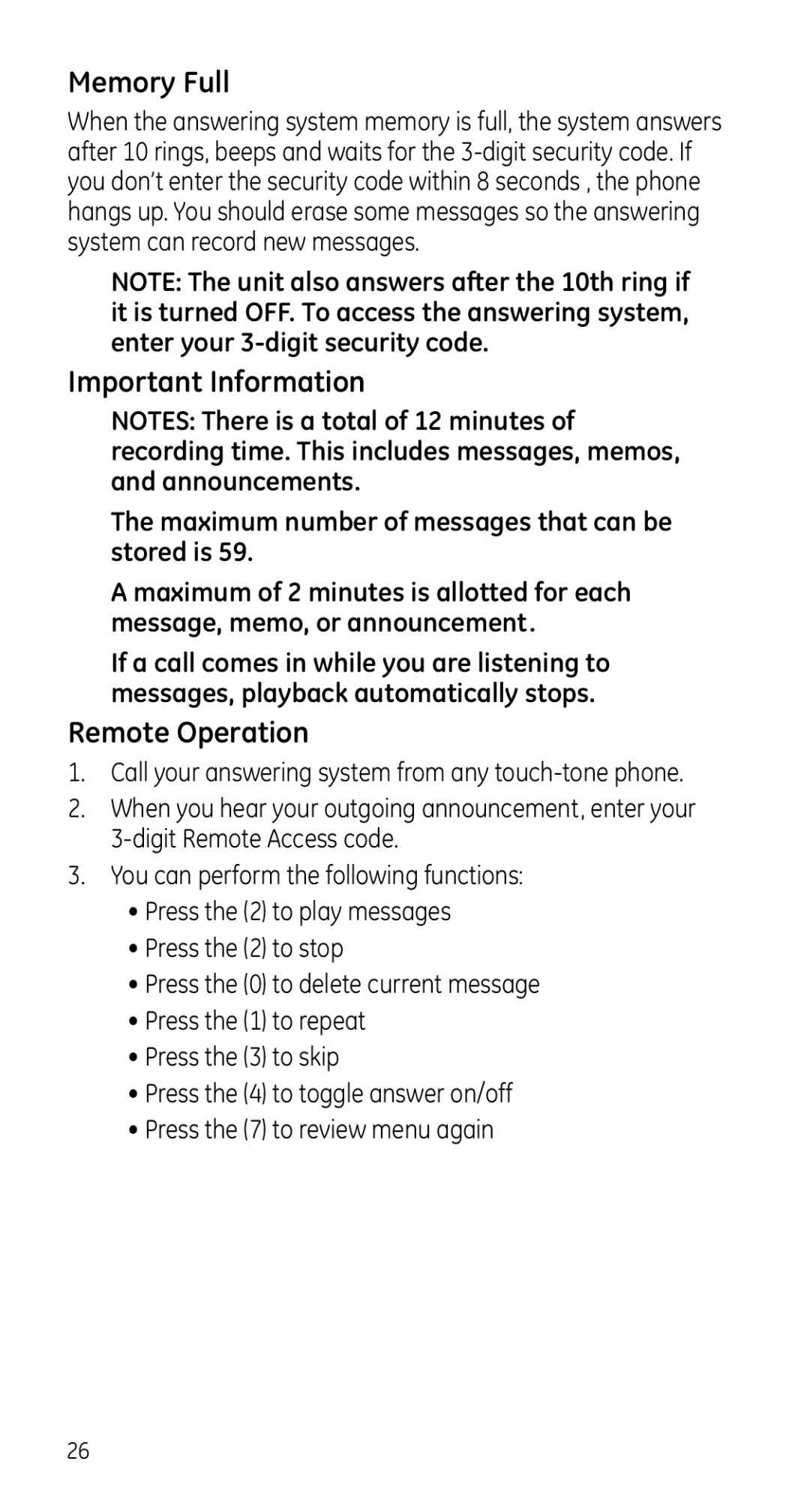 GE 28225 manual Memory Full, Important Information, Remote Operation 