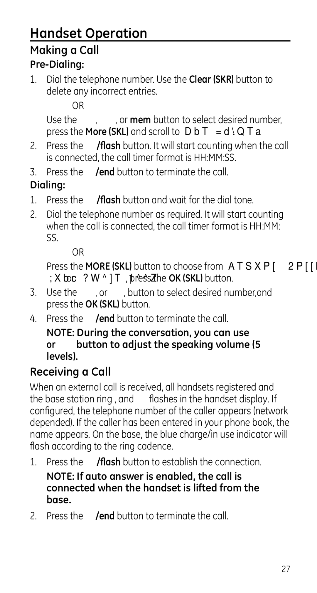 GE 28225 manual Handset Operation, Making a Call, Receiving a Call 