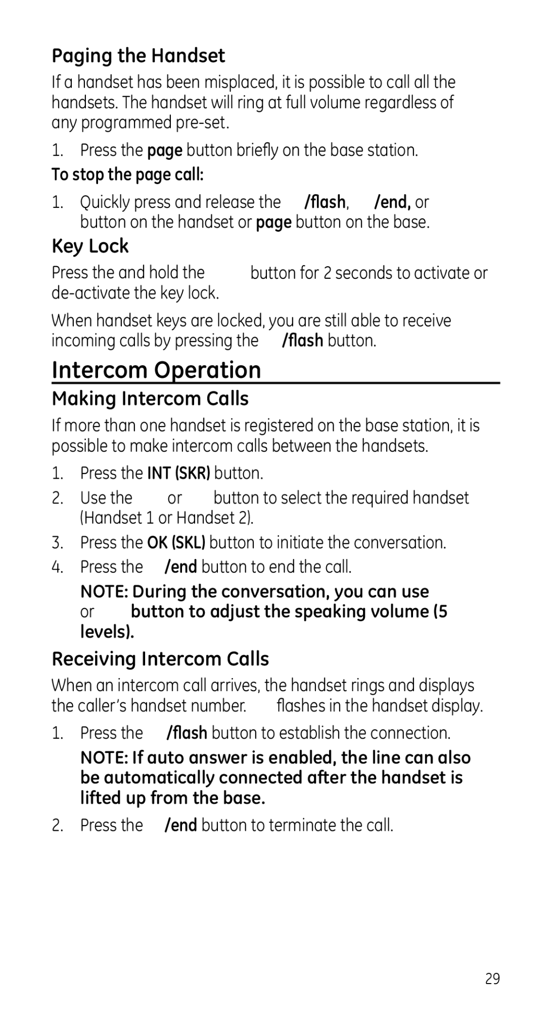 GE 28225 manual Intercom Operation, Paging the Handset, Key Lock, Making Intercom Calls, Receiving Intercom Calls 