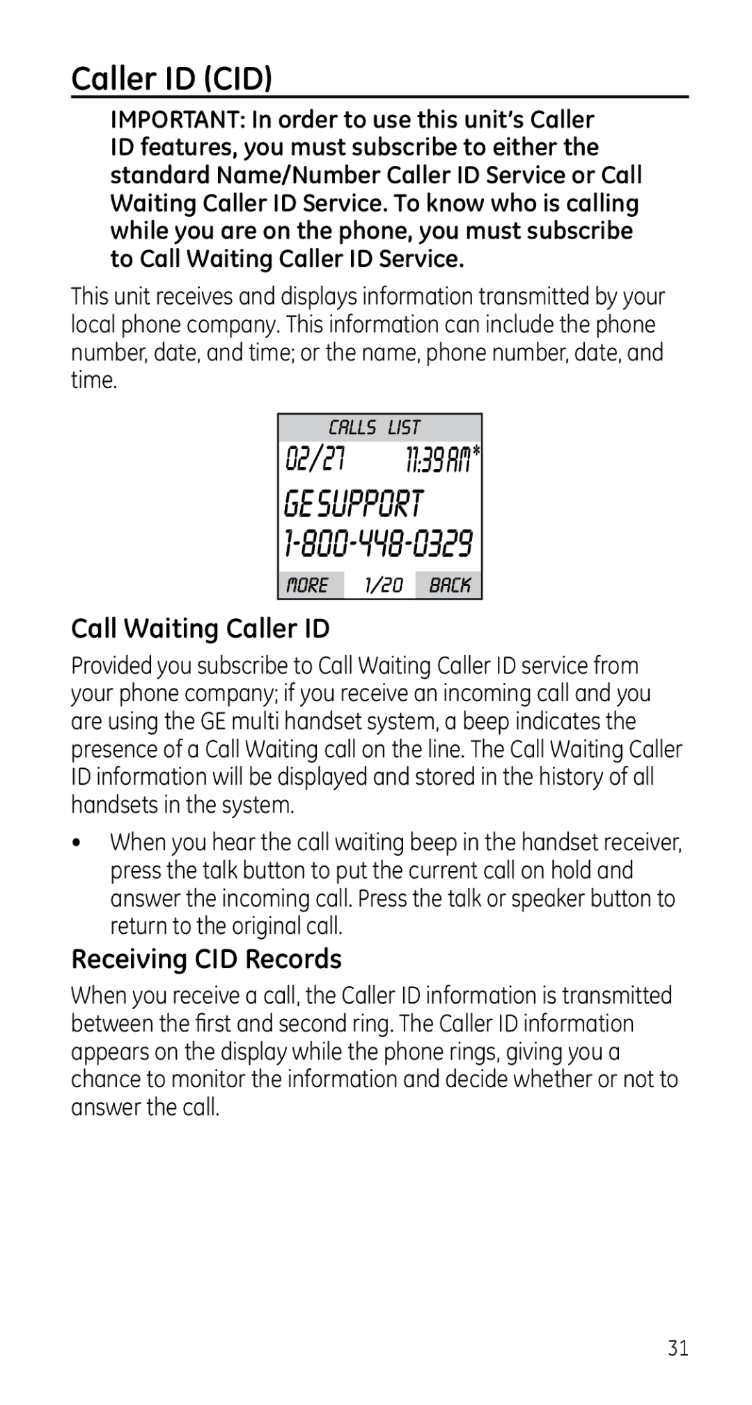 GE 28225 manual Caller ID CID, Call Waiting Caller ID, Receiving CID Records 