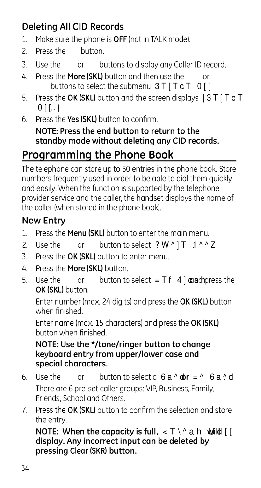 GE 28225 manual Programming the Phone Book, Deleting All CID Records, New Entry 