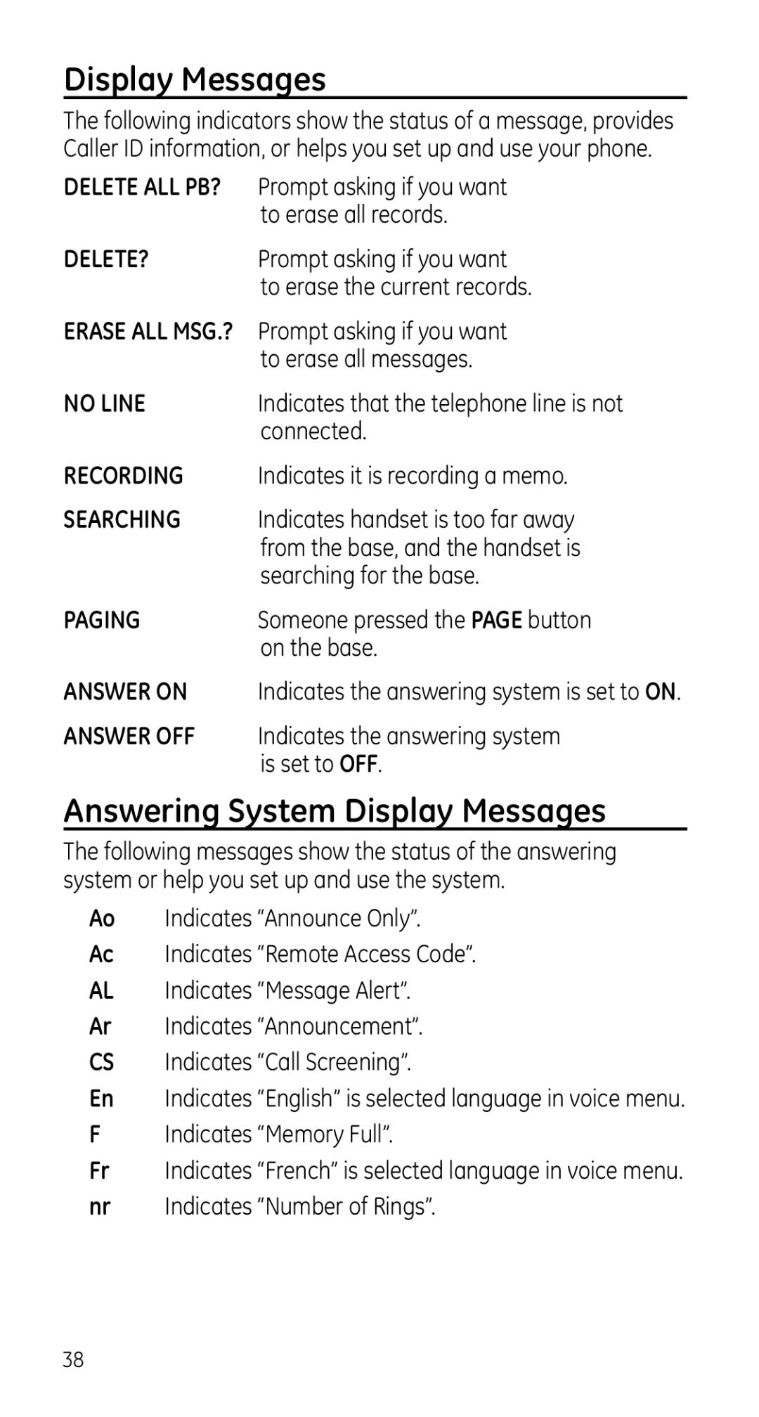 GE 28225 manual Answering System Display Messages 