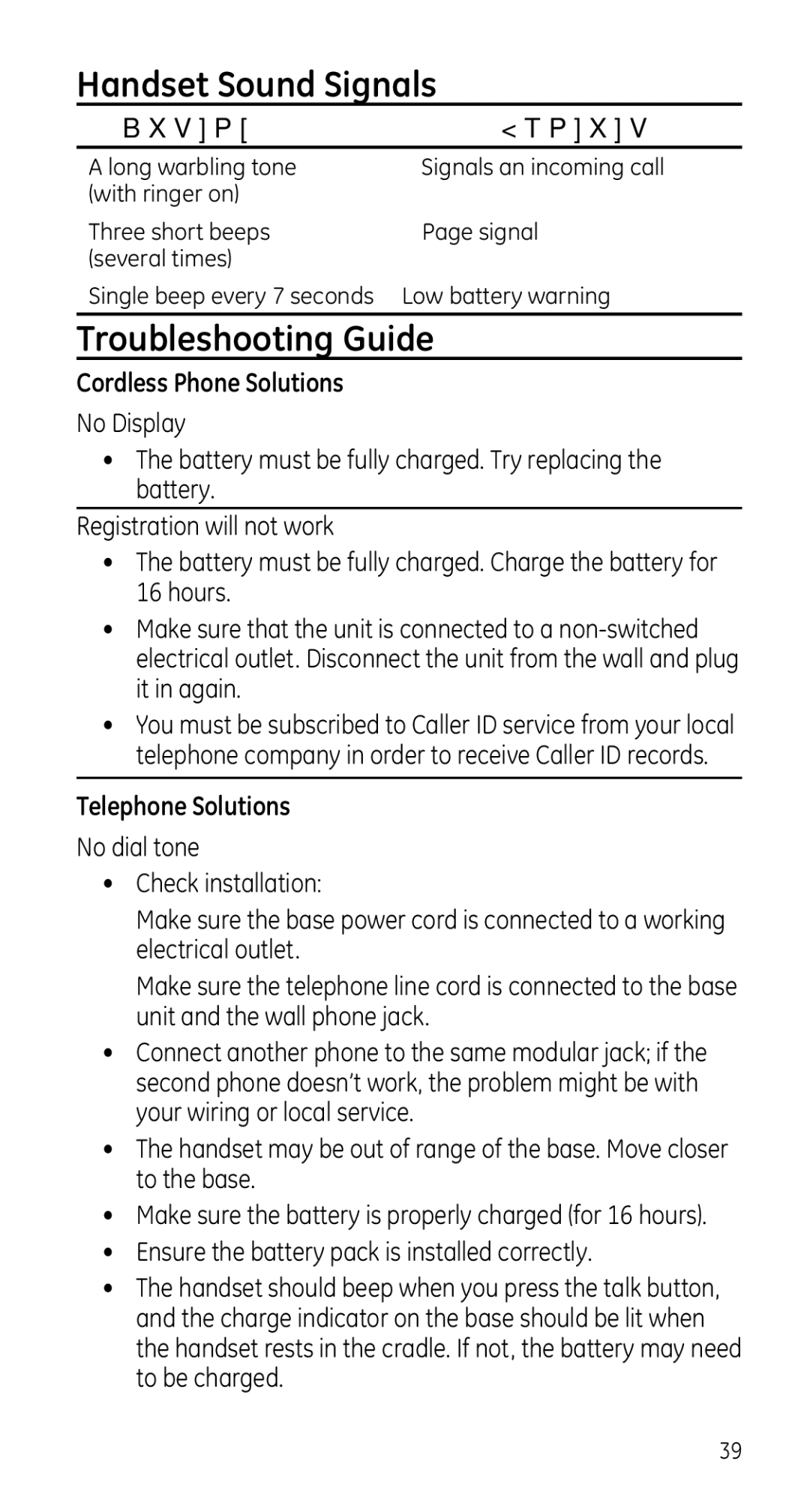 GE 28225 manual Handset Sound Signals, Troubleshooting Guide, Cordless Phone Solutions, Telephone Solutions 