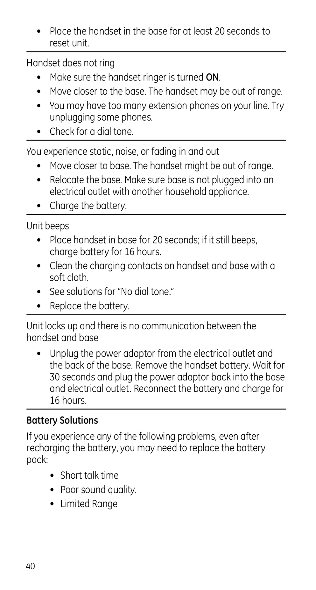 GE 28225 manual Battery Solutions, Move closer to base. The handset might be out of range 