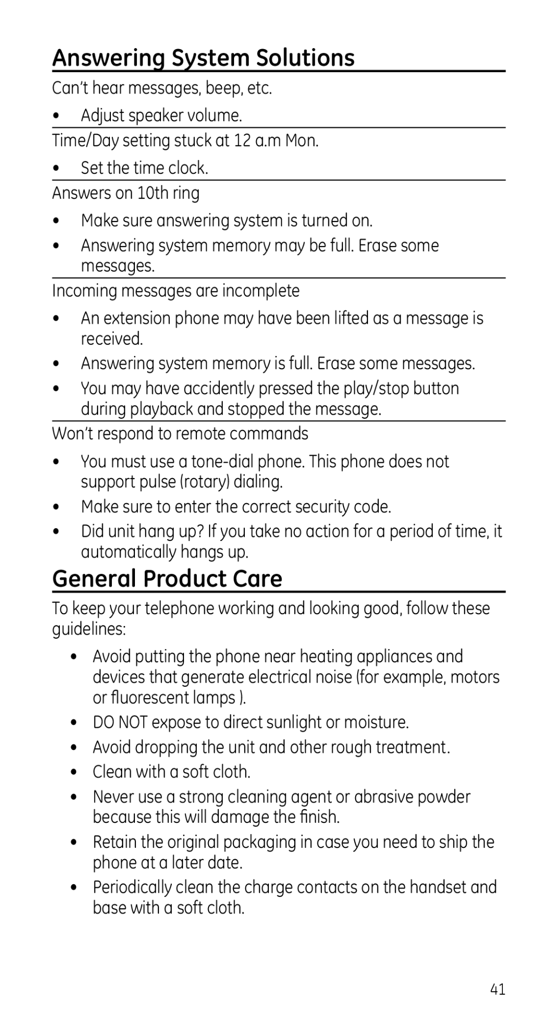 GE 28225 manual Answering System Solutions, General Product Care 