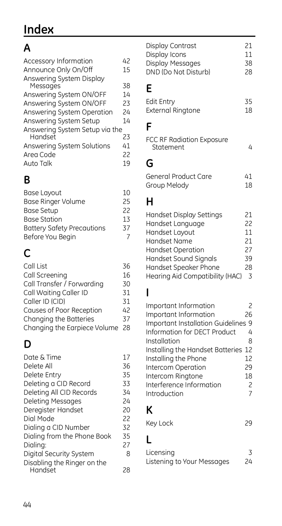 GE 28225 manual Index, 14 F 