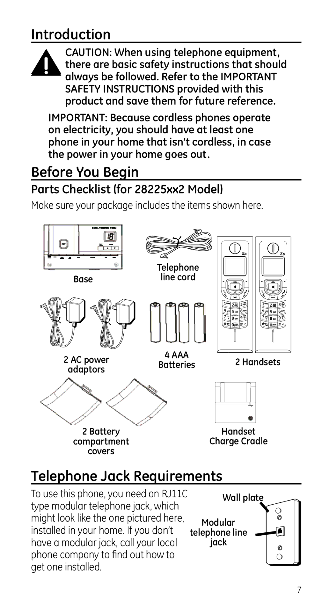 GE manual Introduction, Before You Begin, Telephone Jack Requirements, Parts Checklist for 28225xx2 Model 