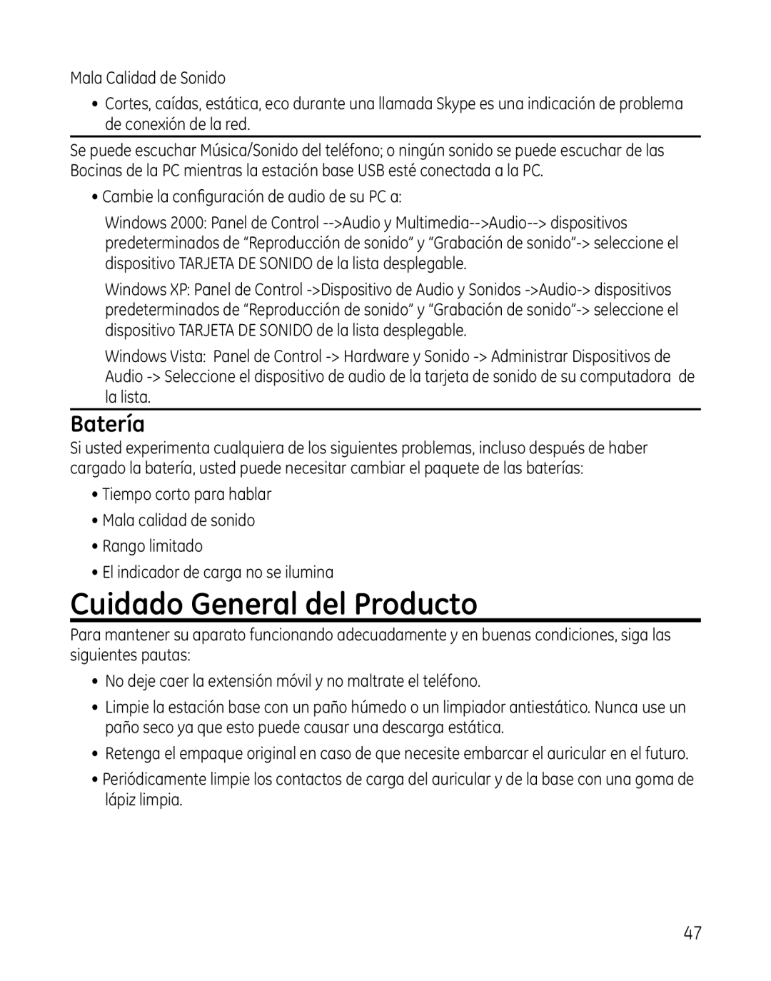 GE 28300 setup guide Cuidado General del Producto, Batería 