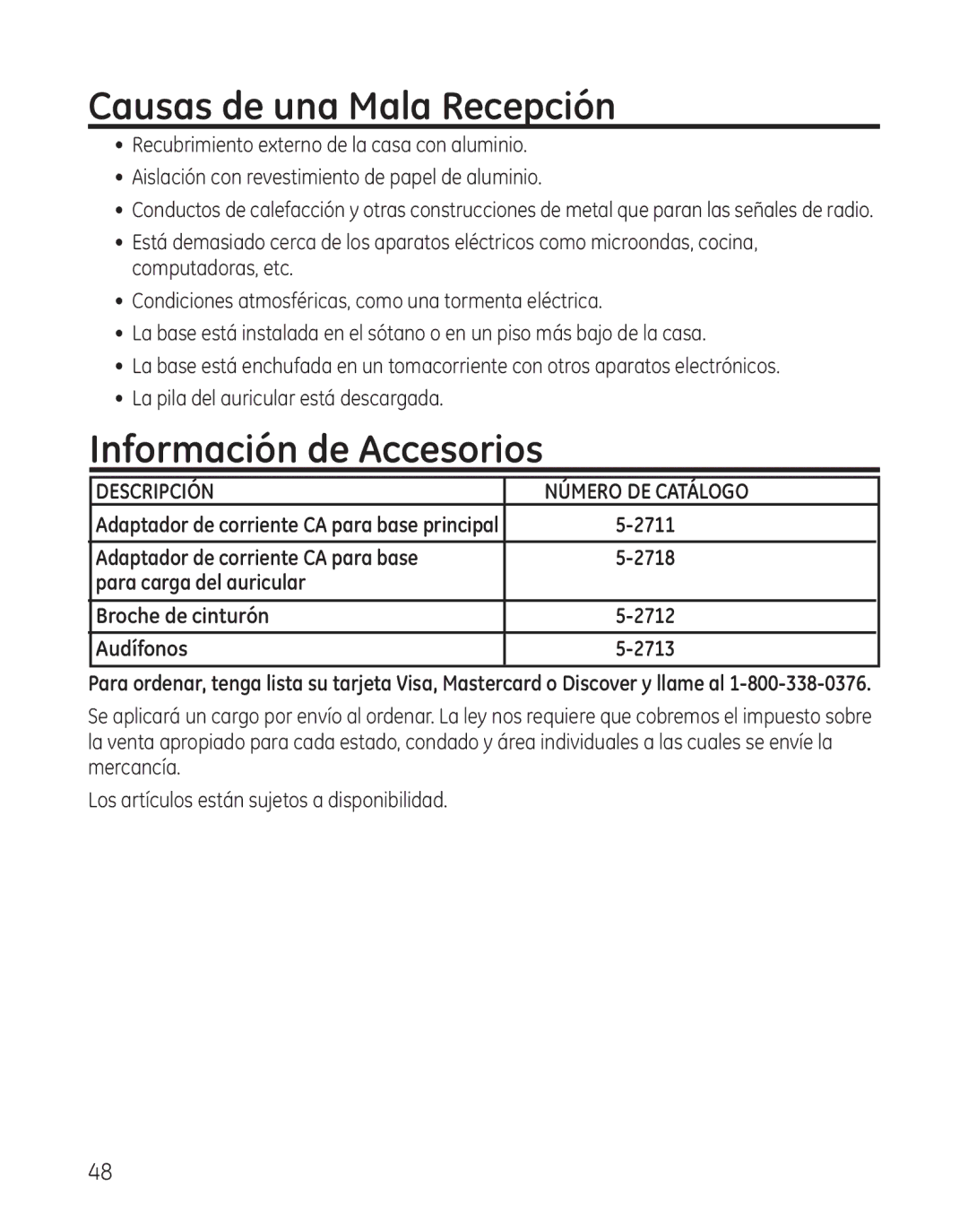 GE 28300 Causas de una Mala Recepción, Información de Accesorios, Adaptador de corriente CA para base, Audífonos 