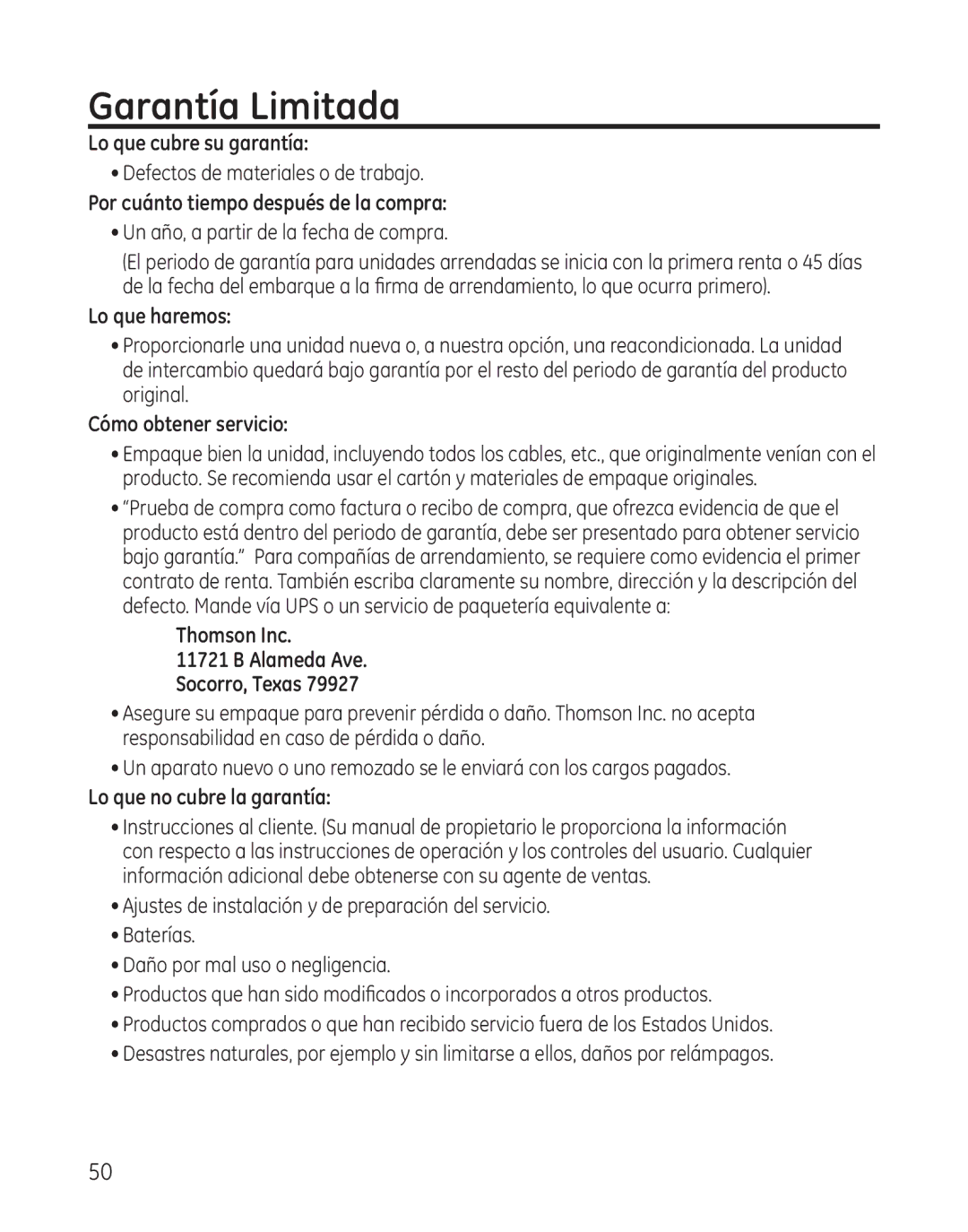 GE 28300 setup guide Garantía Limitada 